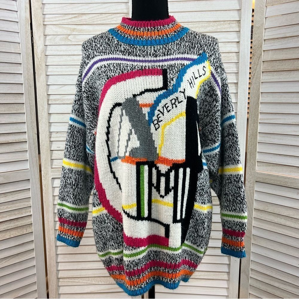 Vintage Camp Beverly Hills Neon Knit Sweater 80s Rad Large